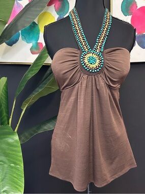 Y2K Brown Beaded Halter Top